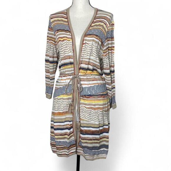 NWT Chico’s Striped Long Cardigan Open Front Cotton Blend Tie Waist Size 1 (M) - Picture 1 of 7
